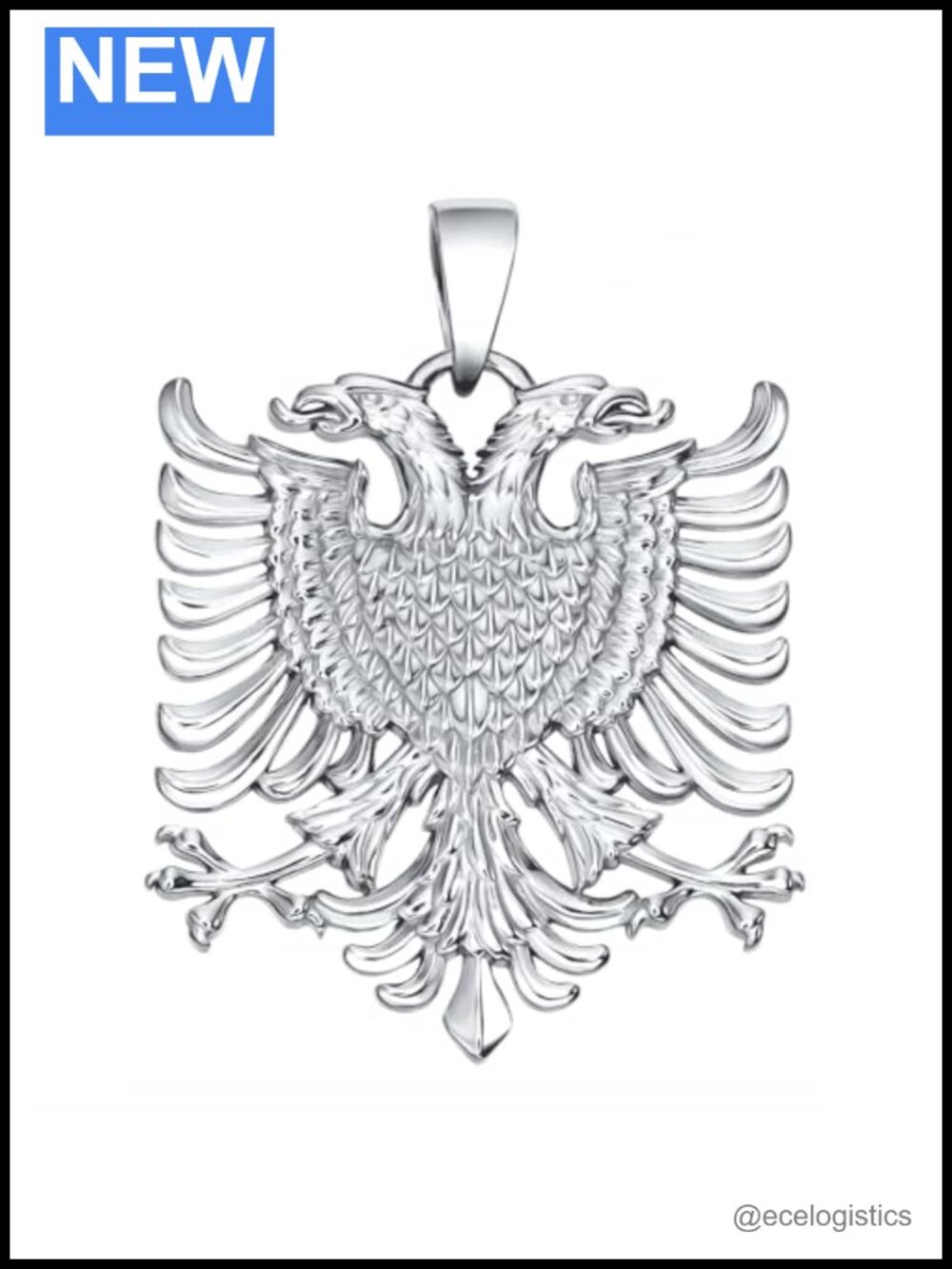 Solid 925 Sterling Silver Albanian Eagle Pendant Rhodium Plated Traditional